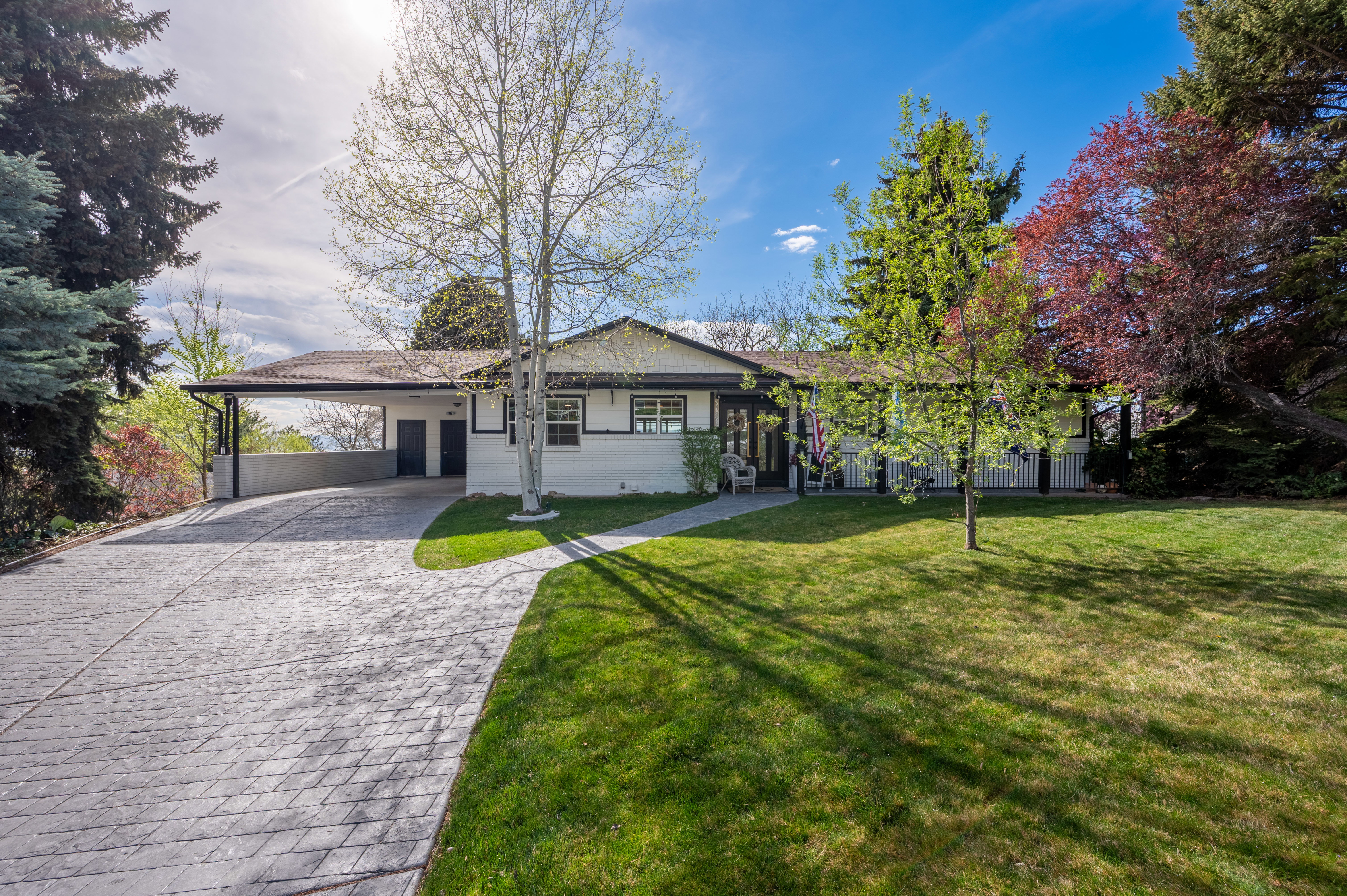Ranch-style home with an attached carport, a front yard, and concrete driveway