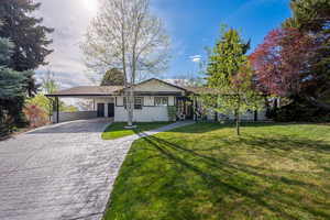 Ranch-style home with an attached carport, a front yard, and concrete driveway