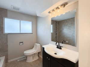 Full bathroom with vanity and light tile patterned floors