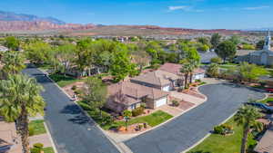 Aerial view of residential area with a mountain backdrop