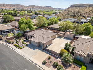 Aerial view of residential area with a mountain backdrop