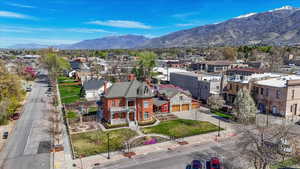 Aerial perspective of suburban area featuring mountains