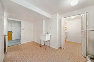 Finished below grade area featuring light carpet and a textured ceiling