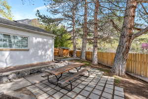 Fenced backyard with outdoor dining area, a patio area, and a mountain view