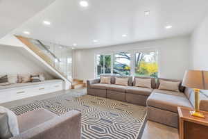 Basement rec room has lots of natural light