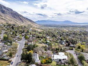 Aerial view of residential area with a mountainous background
