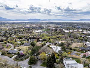 Aerial view of residential area with a mountainous background