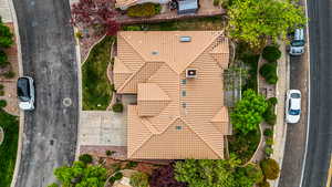 Overhead view of home with tile roof and lot placement