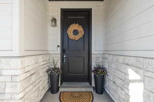 Doorway to property with stone siding