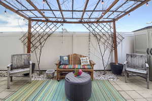 Fenced backyard with a pergola and a patio area