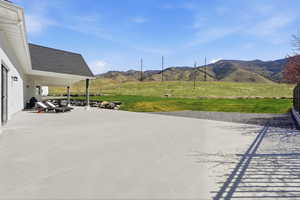 View of patio featuring a mountain view