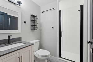 Full bath featuring vanity and a shower stall