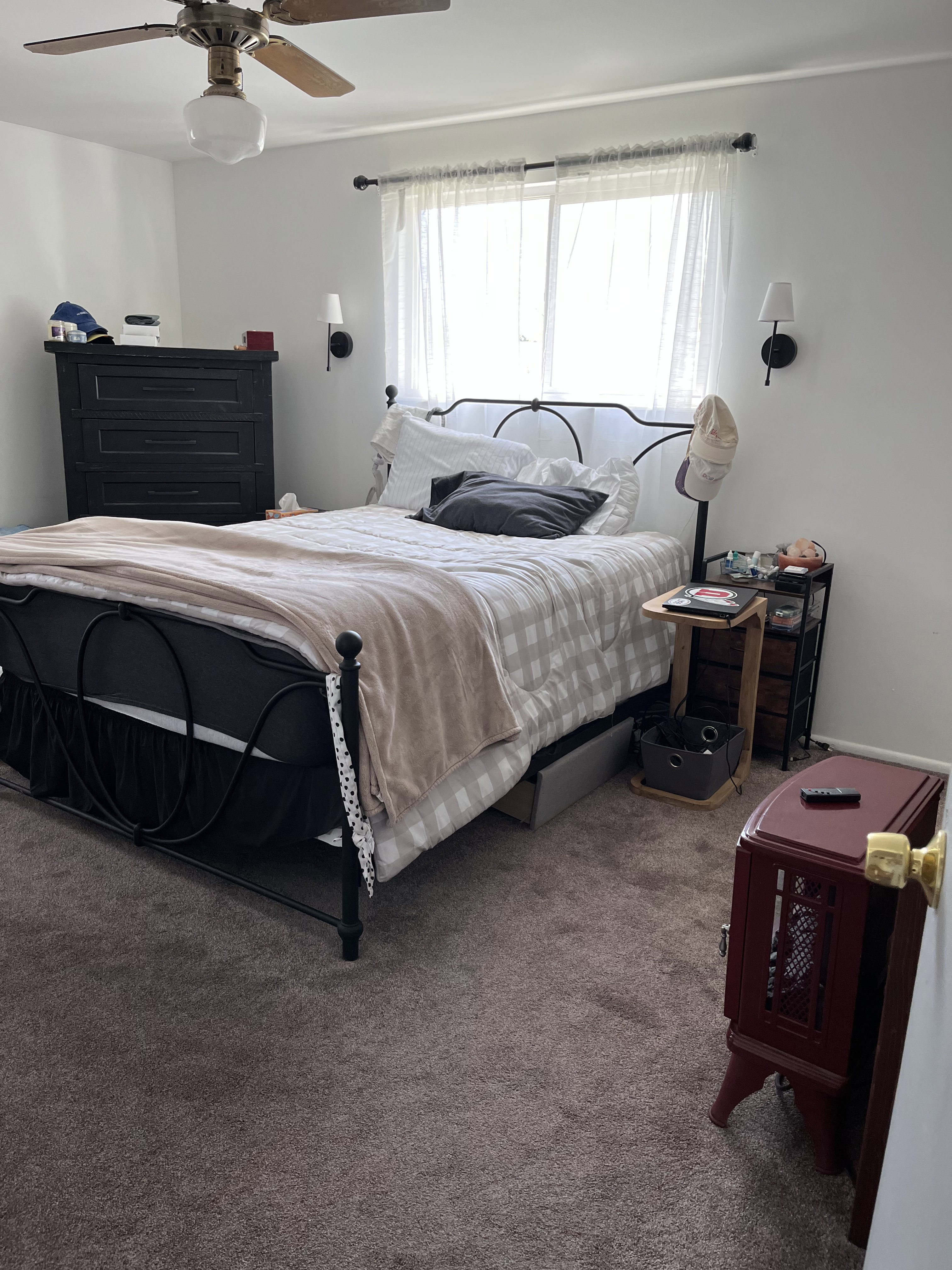 Primary bedroom featuring carpet and ceiling fan