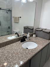 Full hall bathroom with vanity and a marble finish shower