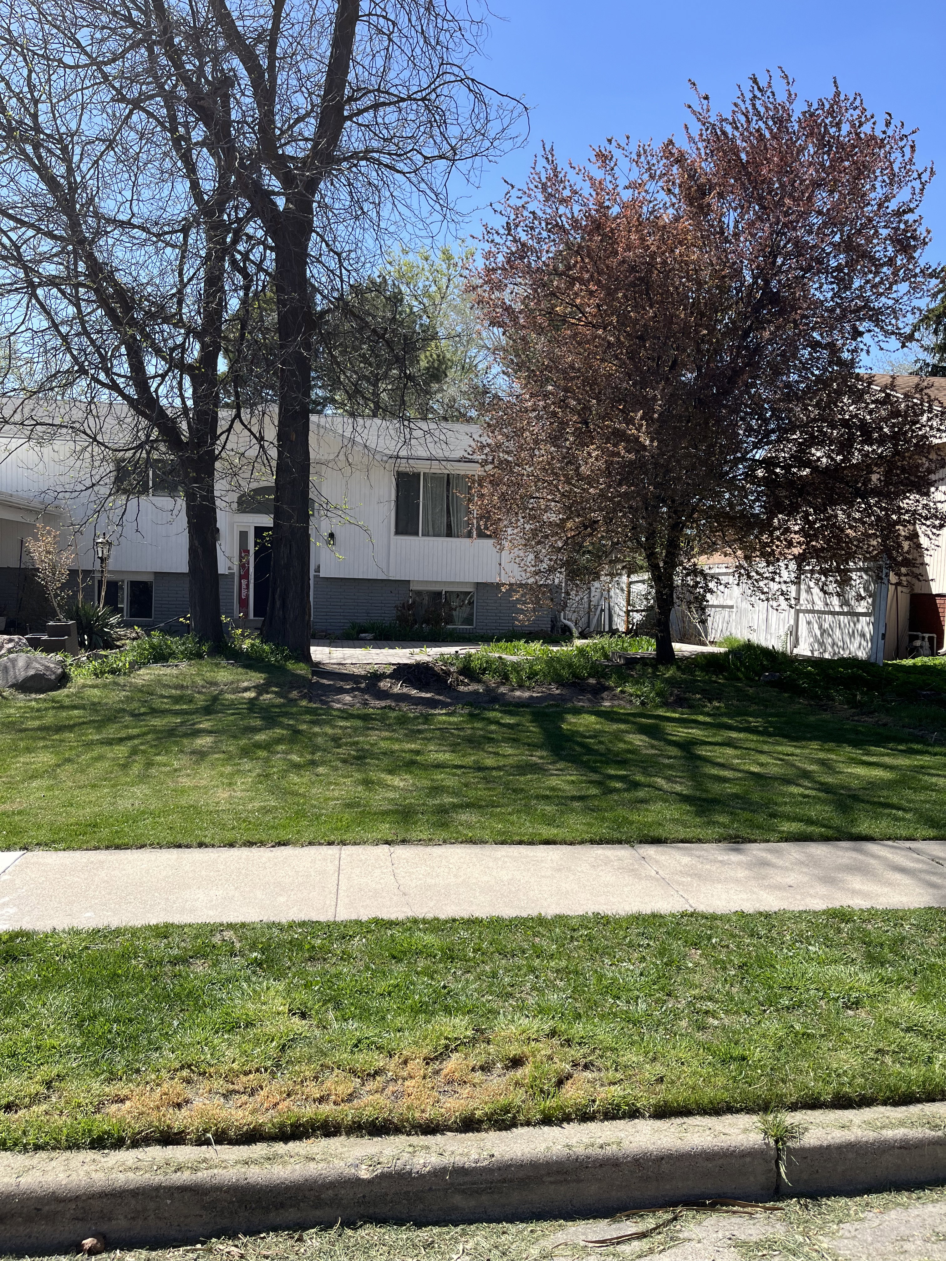 Bi-level home with brick siding and a front yard