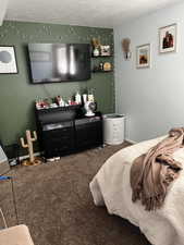 Carpeted bedroom with a textured ceiling and baseboards