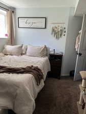 Bedroom featuring carpet floors and baseboards with walk-in closet