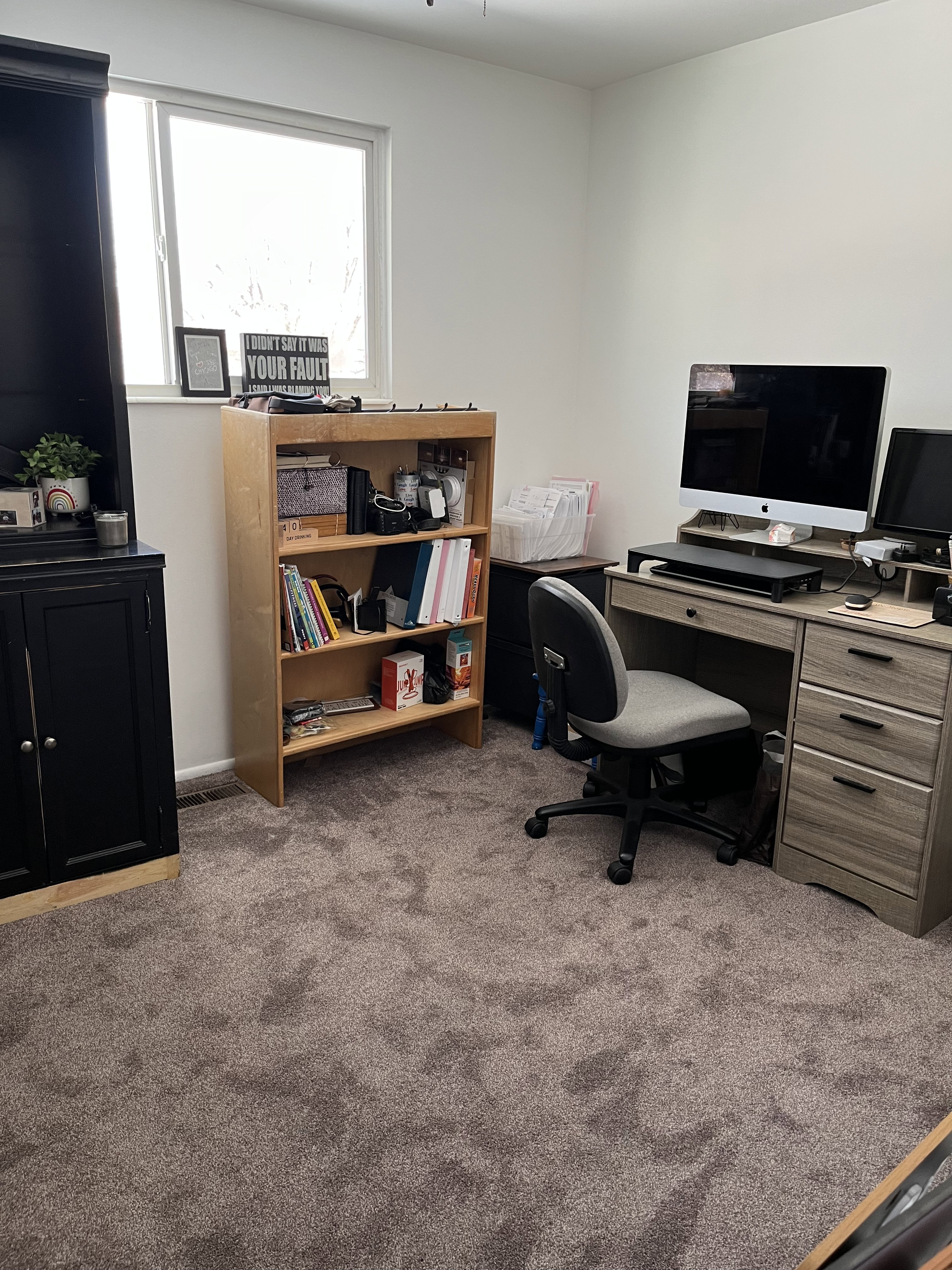 Office with dark carpet