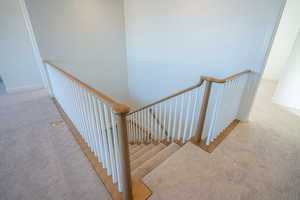 Stairway with carpet flooring and baseboards