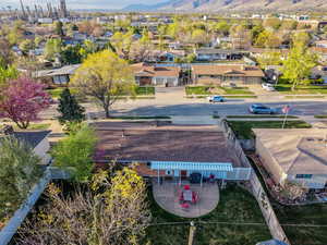Aerial view of residential area with a mountainous background