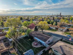 Aerial view of residential area with a mountainous background