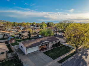 Aerial perspective of suburban area featuring mountains