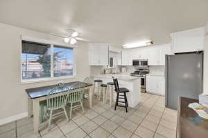 Kitchen featuring stainless steel appliances, a breakfast bar, white cabinets, a ceiling fan, and a peninsula