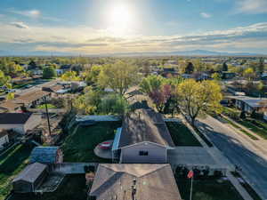 Aerial view of residential area with mountains