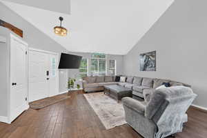 Living room with lofted ceiling and dark wood-style flooring