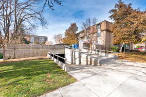 Parking deck and entrance to lower covered parking garage