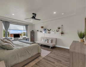 Bedroom featuring wood finished floors, a ceiling fan, and recessed lighting