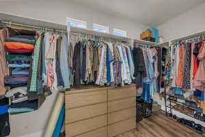 Walk in closet with wood finished floors