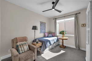 Bedroom featuring carpet floors and ceiling fan