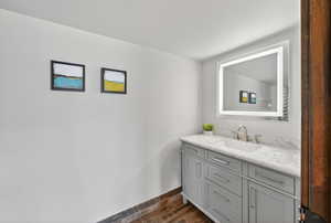 Bathroom featuring vanity and wood tiled floors
