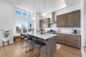 Kitchen featuring light stone counters, a kitchen bar, light wood-style flooring, an island with sink, and dark wood finish cabinetry