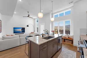 Kitchen featuring pendant lighting, light stone countertops, a center island with sink, light wood-type flooring, and stainless steel appliances