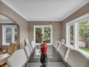 Dining area with ornamental molding, plenty of natural light, and arched walkways
