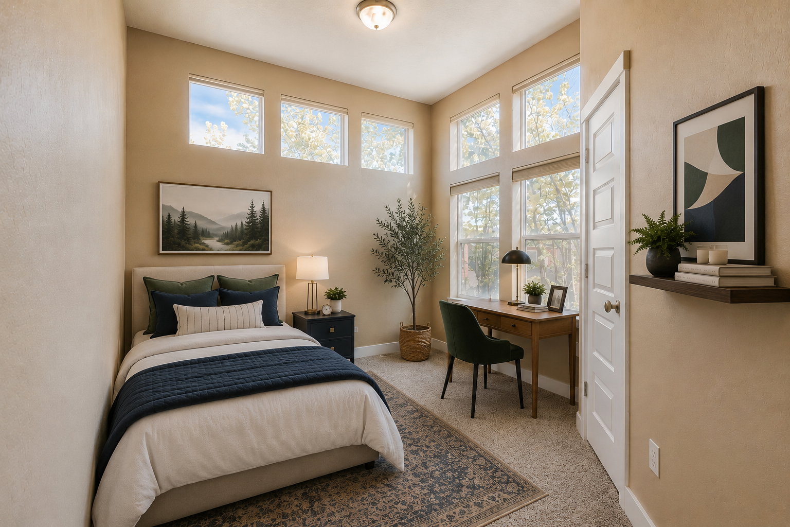 Third bedroom with high ceilings and extensive windows (virtually staged)