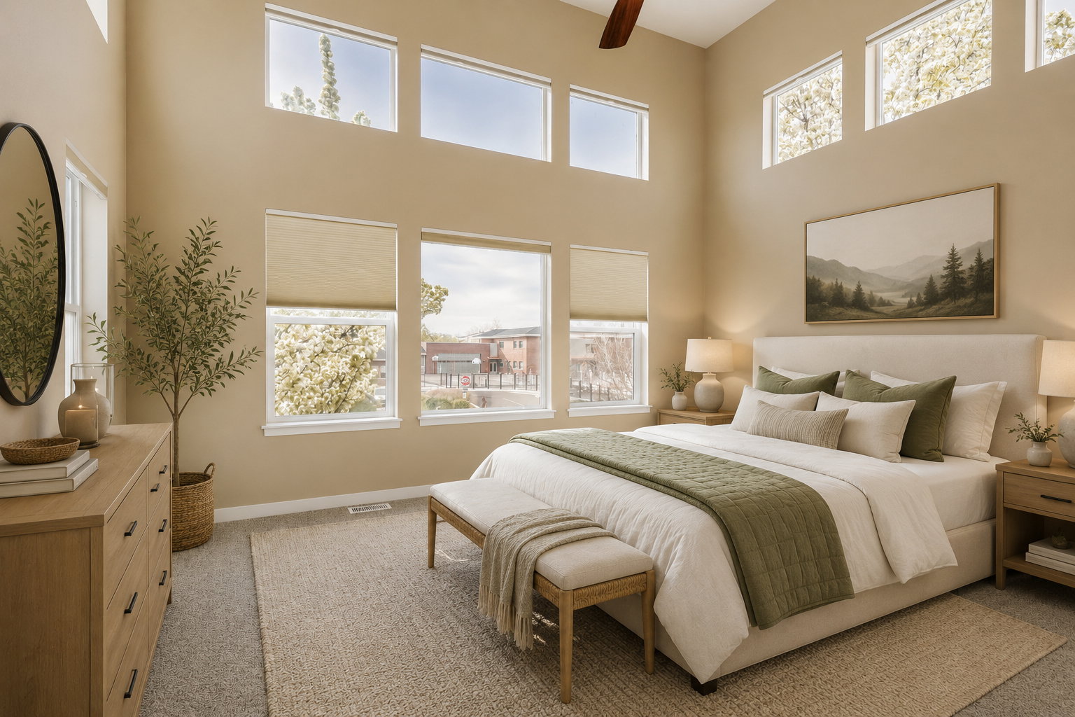 Primary Bedroom featuring a high vaulted ceiling and multiple large windows.