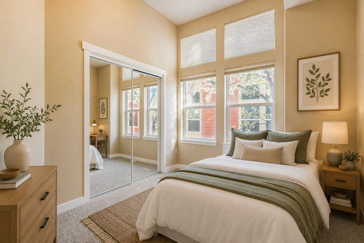 Second Bedroom w large windows and high ceilings (virtually staged)