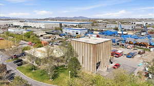 Aerial view of an industrial area and mountains