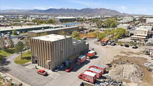 Bird's eye view of an industrial area and mountains