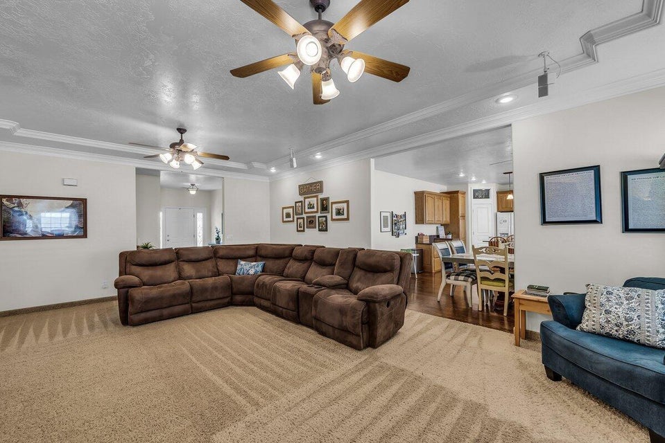 Living area featuring crown molding, ceiling fan, recessed lighting, light colored carpet, and a textured ceiling