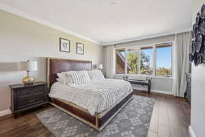 Bedroom featuring ornamental molding and dark wood-style floors