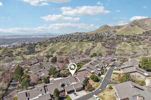 Aerial view of residential area with a mountain backdrop