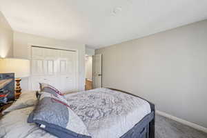 Carpeted bedroom with baseboards and a closet
