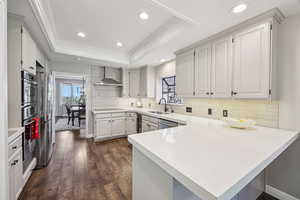 Kitchen featuring a peninsula, dark wood-type flooring, decorative backsplash, recessed lighting, and stainless steel appliances