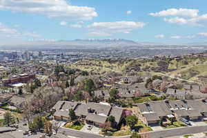 Aerial perspective of suburban area featuring a mountainous background