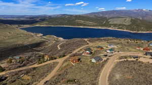 Bird's eye view of a water and mountain view