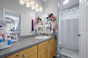 Full bathroom featuring a shower with shower curtain, vaulted ceiling, and vanity